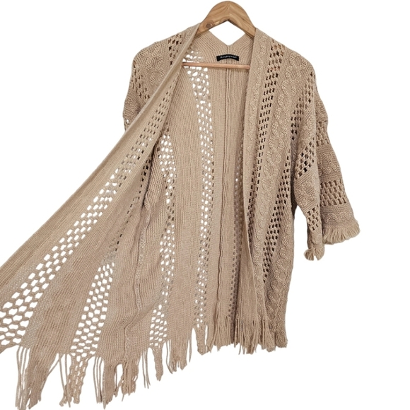 Do Everything In Love Tan Boho Crochet Knit Open Front Fringe Kimono Cardigan OS - Picture 8 of 10